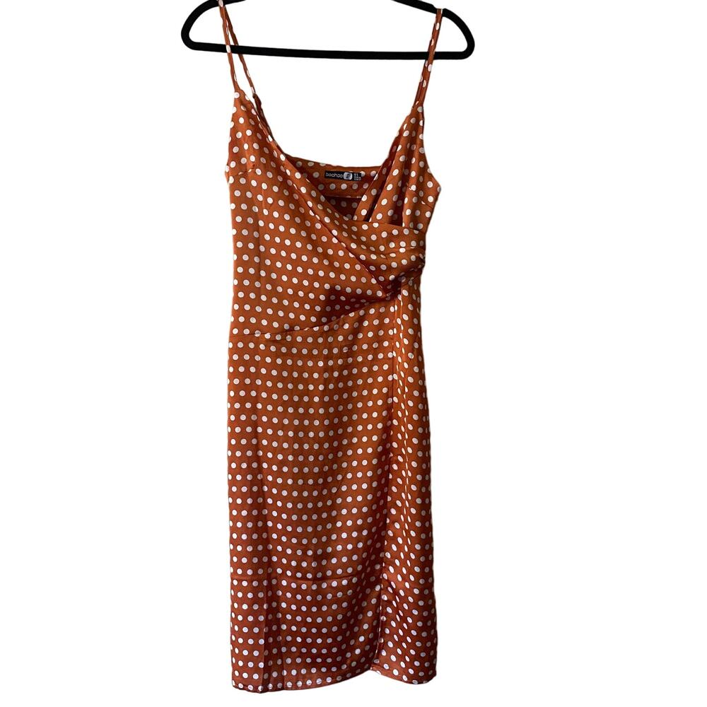 Boohoo Orange White Polka Dot Feminine Romantic Satin Slip Dress SZ 4